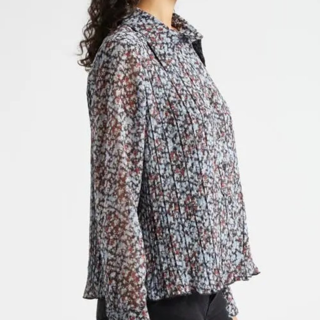 Ganni Nwot Printed Plisse Georgette Oversized Blouse Shirt Sz 34/Us 2